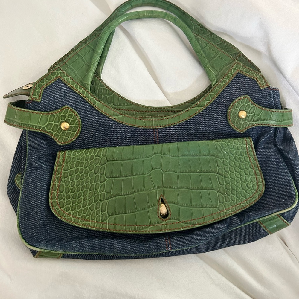 Tod's Green crocodile and denim Shoulder Bag with Gold Accents